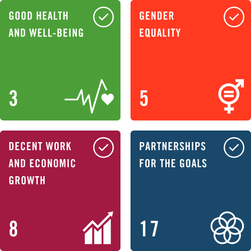 Good health and well being, Gender equality, Decent work and economic growth, Partnerships for the goals