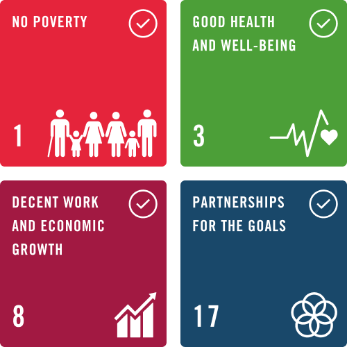 No poverty, Good health and well being, Decent work and economic growth, Partnerships for the goals